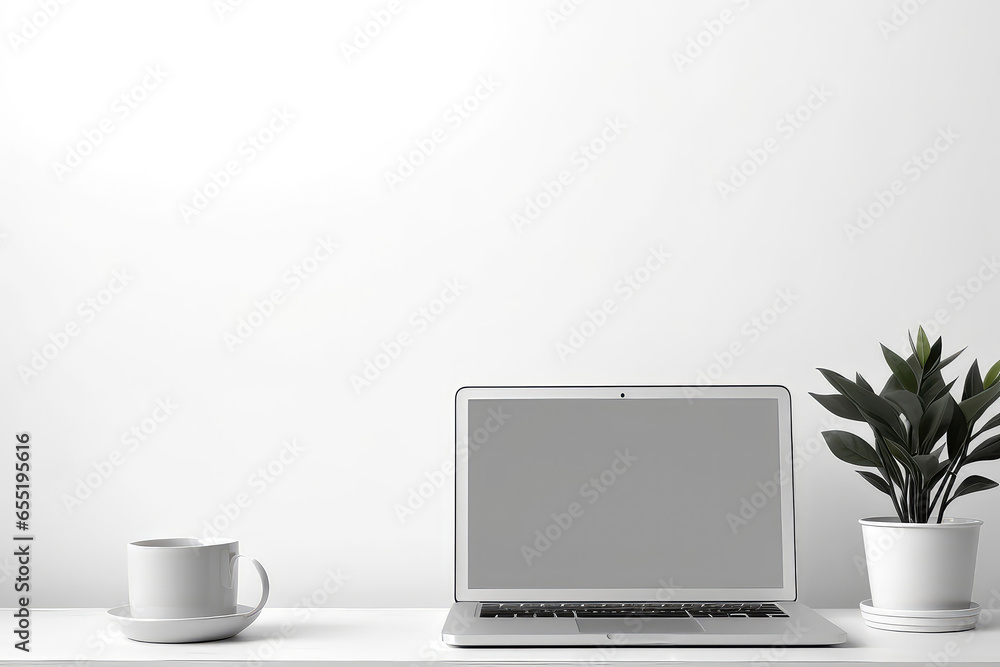 Modern Workspace With Laptop, Coffee, Office Supplies Mockup Modern Workspace With Laptop, Coffee, Office Supplies Mockup