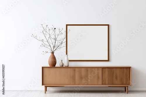 Retro Wooden Cabinet And Painting In Empty Living Room With White Walls Mockup . Сoncept Retro Wooden Cabinet, Painting, Empty Living Room, White Walls