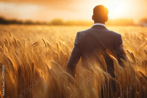 Businessman on golden wheat field rear view photo