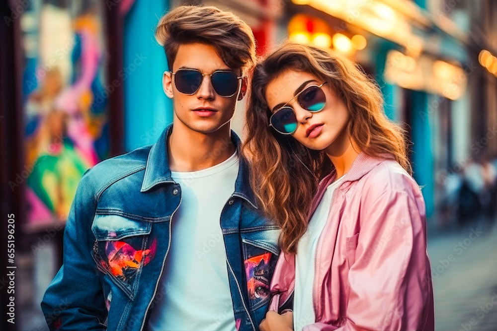 Couple de jeune dans la rue, avec lunettes de soleil