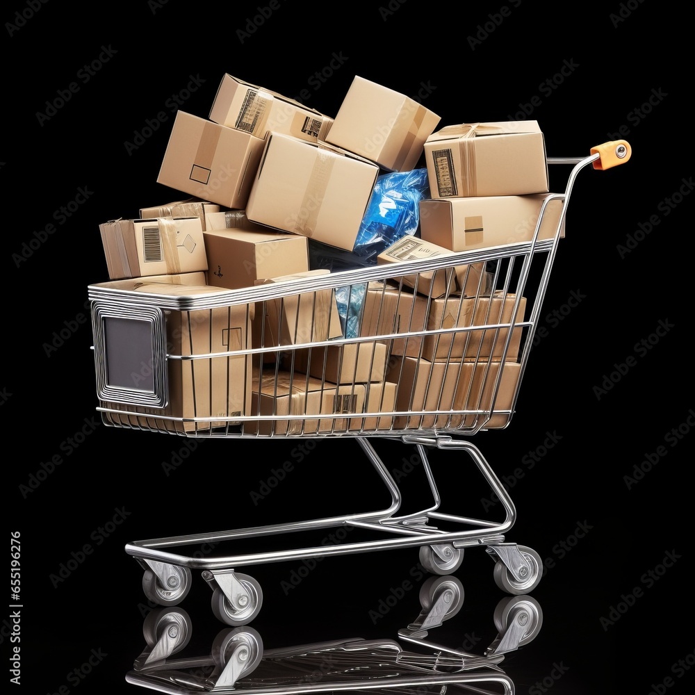 Shopping cart full of cardboard boxes, Generative AI
