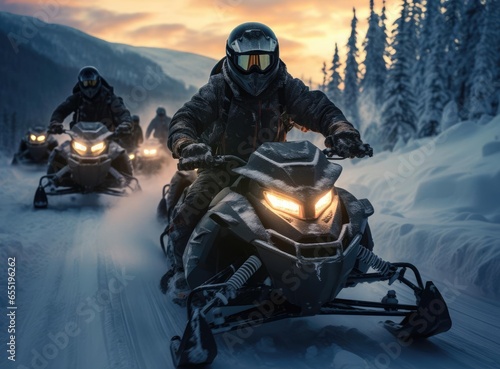 A group of people on snowmobiles