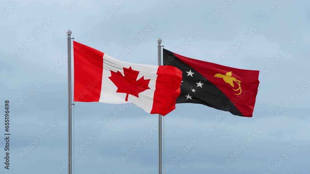 Papua New Guinea flag and Canada flag waving together on cloudy sky, endless seamless loop, two country relations concept Papua New Guinea flag and Canada flag waving together on cloudy sky, endless seamless loop, two country relations concept