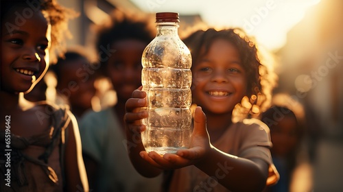 Happy African kid holds a bottle of clean water. The problem of shortage of clean water in Arican countries photo