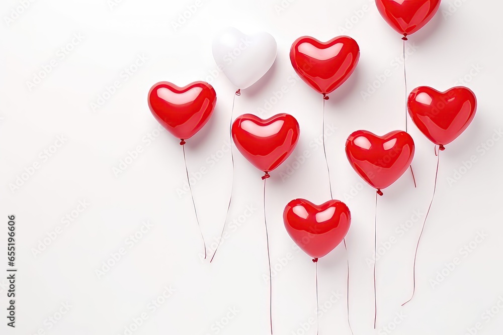 Valentines Day Background With Heartshaped Balloons On White Backdrop, Flat Lay With Clipping Path Mockup . Сoncept Valentine's Day, Heart-Shaped Balloons, White Backdrop, Flat Lay