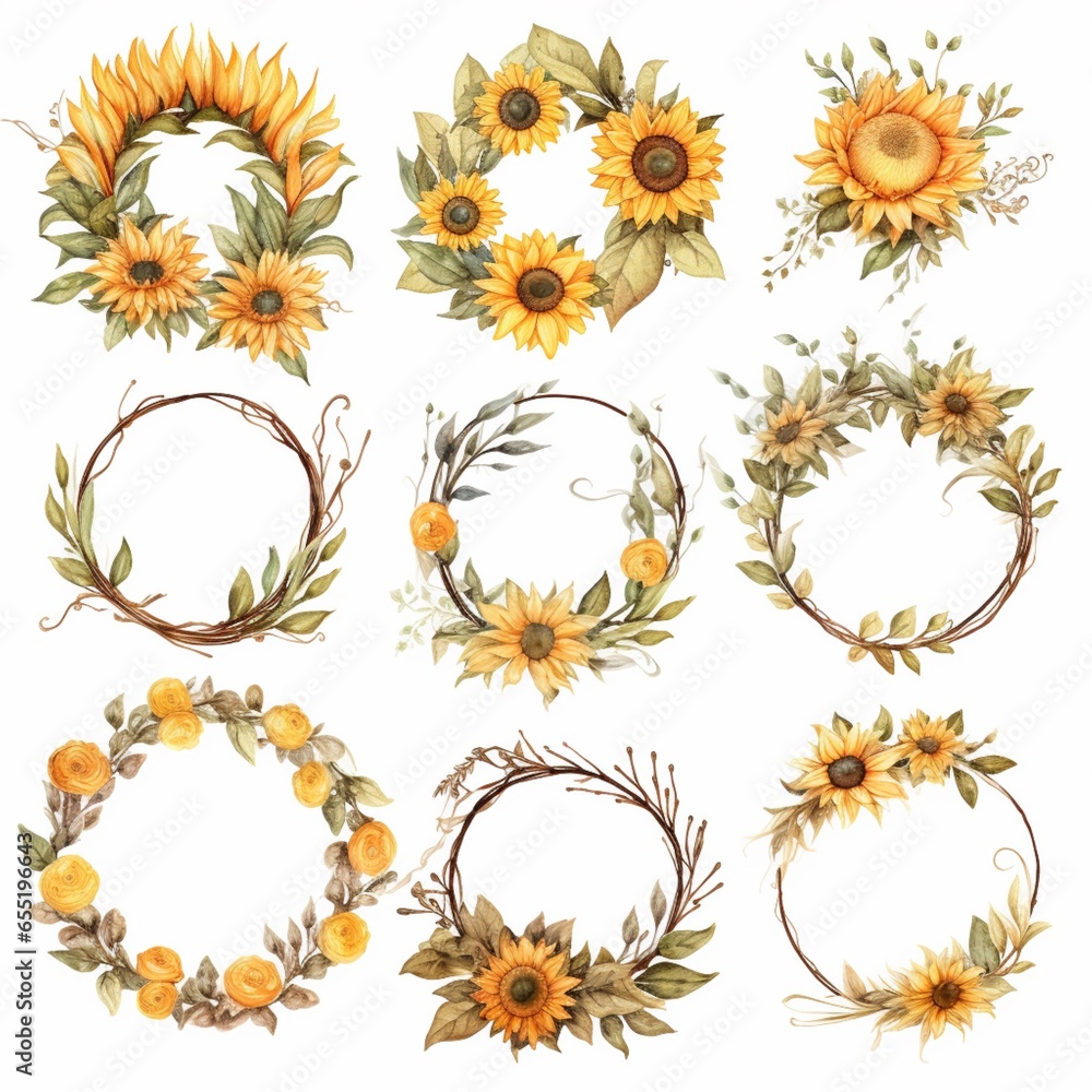 Beautiful watercolor sunflower wreath floral frame images AI Generated ...