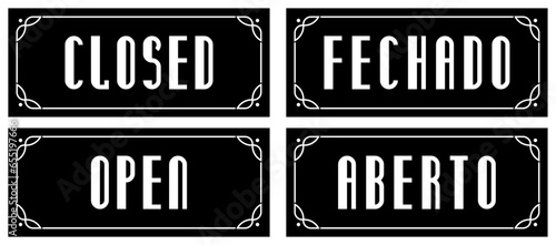undOpen Closed entrance door signs for stores, shops, cafes, restaurants. Long vector rectangular signboards with border frames. For wood or laser cutting, doorplates, plaquesefined