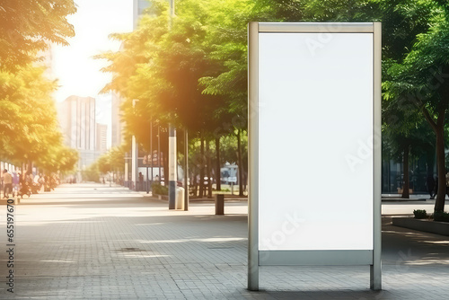 Vertical Blank White Billboard At Bus Stop On City Street On Sunny Summer Day Mockup . Сoncept Outdoor Advertising, Bus Stop Advertising, Mockup, Summer Promotion