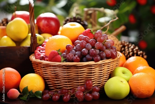 a basket filled with winter fruits against a holiday-themed background