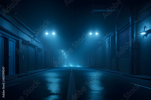 Night road in a tunnel with lights and fog. 3d rendering © big bro