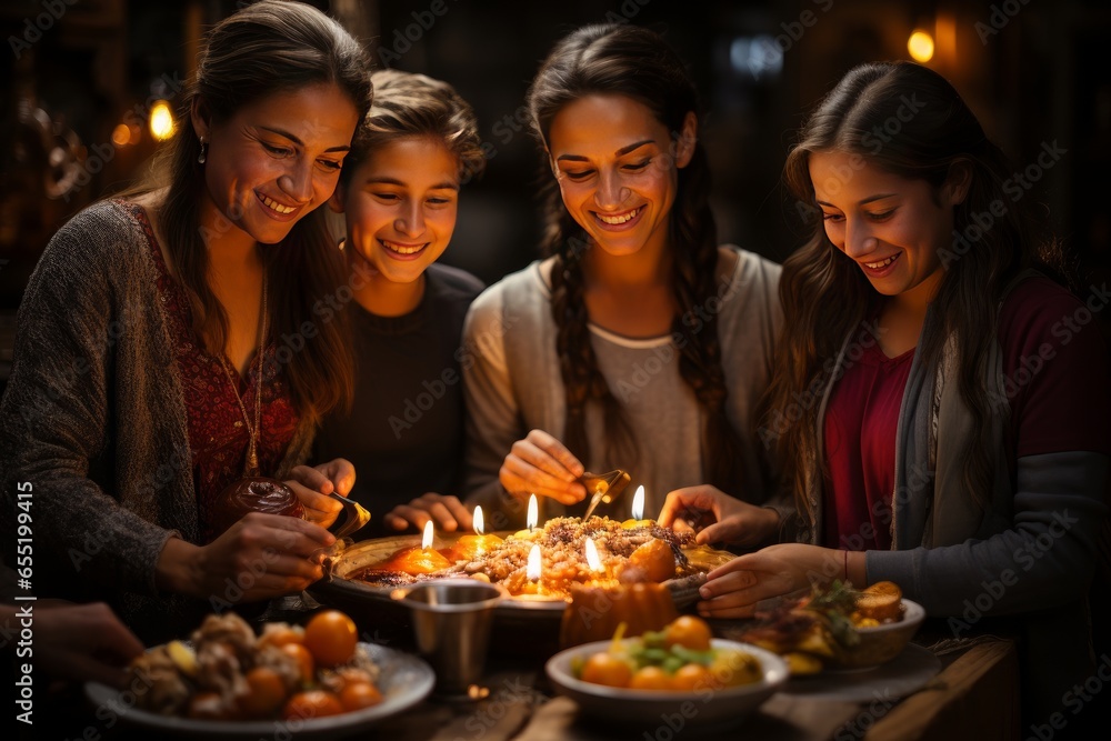 a family gathered around a table with food