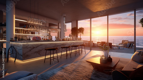 Modern living room and bar overlooking ocean at sunset © Saurav