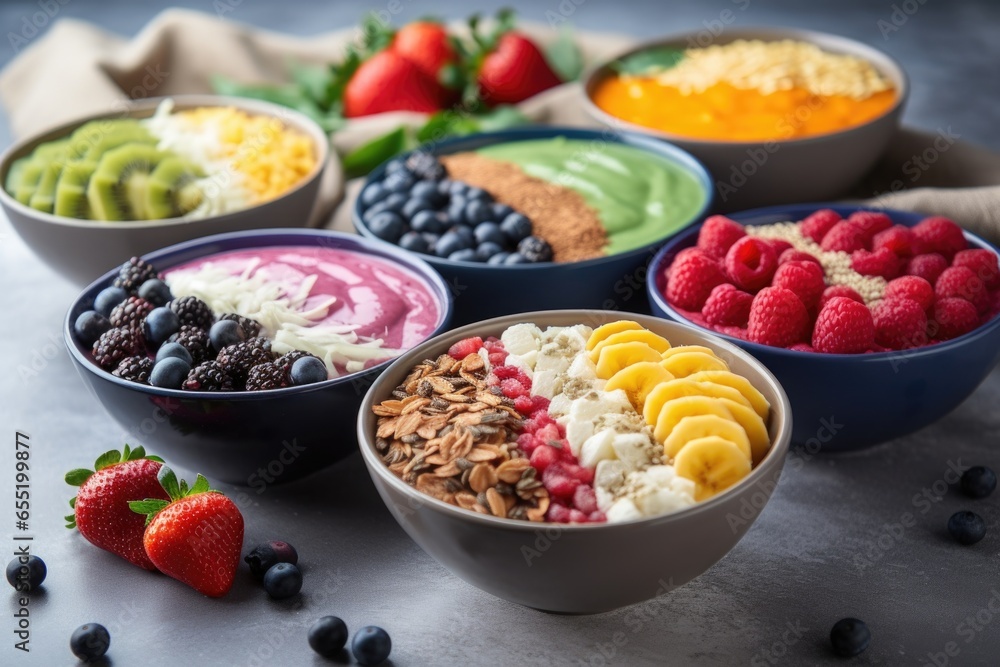 colorful smoothie bowls with various toppings colorful smoothie bowls with various toppings