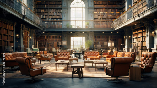 A large library with floor-to-ceiling shelves filled with books and several comfortable armchairs © Textures & Patterns