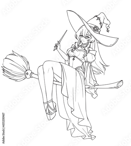 Cute anime witch. Hand drawn vector contour illustration for coloring book.