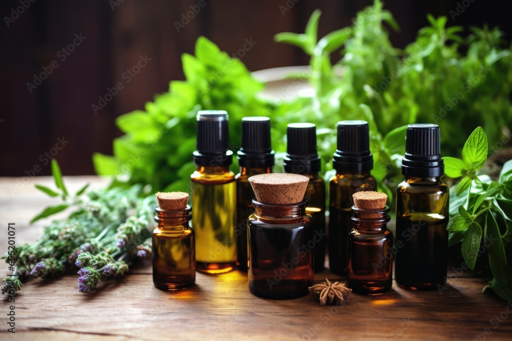 a setup of essential oil bottles with aromatic plants next to them a setup of essential oil bottles with aromatic plants next to them