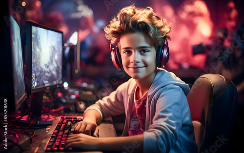 Childhood and computer gaming. Adorable child bold in big headphones playing computer games.
