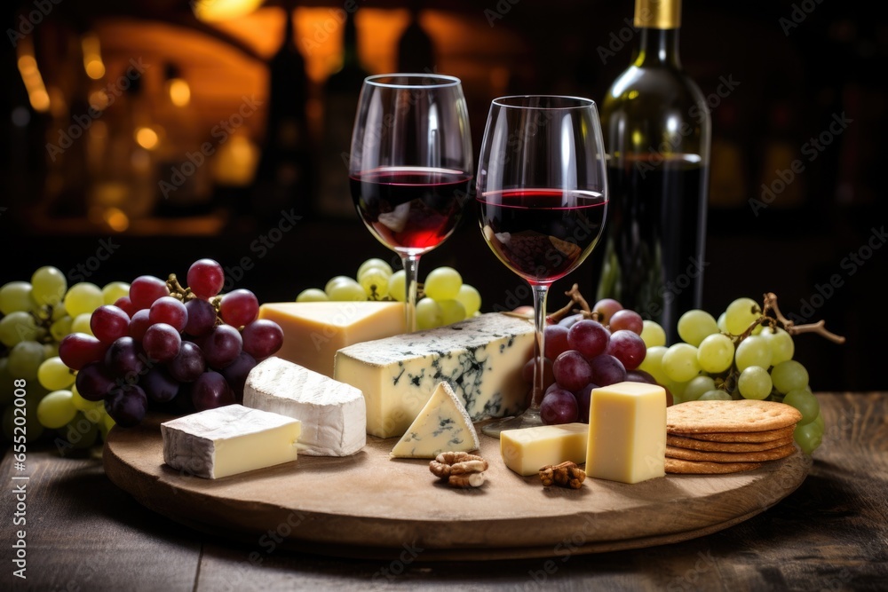  red and white wine, cheese, and grapes on a rustic wooden table 