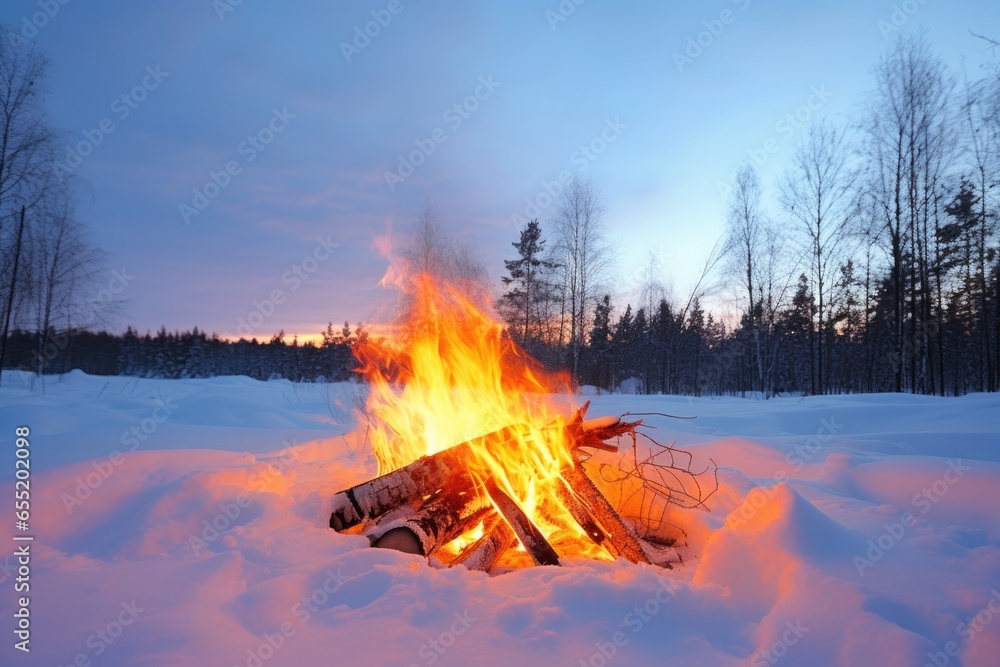 a bonfire surrounded by untouched winter snow a bonfire surrounded by untouched winter snow