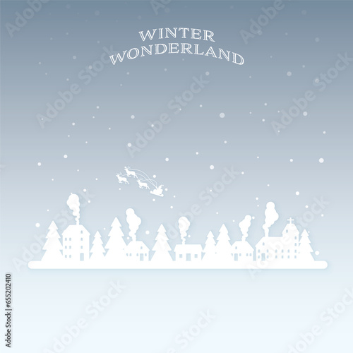 Winter wonderland in evening paper cut style vector illustration. Merry Christmas and Happy New Year greeting card template.