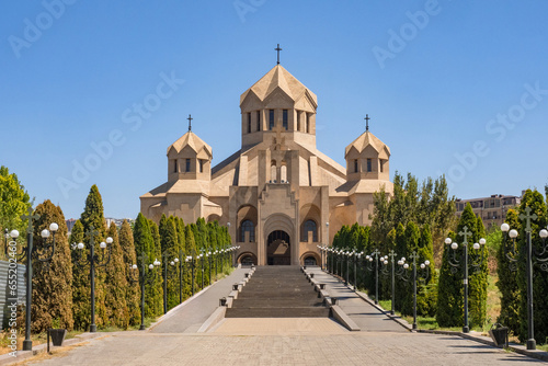 Cathedrals Yerevan. Republic Armenia. Cathedral st. Gregory illuminator. Orthodox church on summer day. Sights Armenia. Excursions around Yerevan. St. Gregory cathedral view from central staircase photo