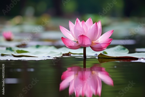 a single lotus blossom open on the surface of a still pond