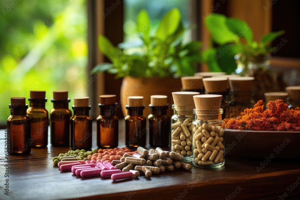 wood table with naturopathic medicines arranged