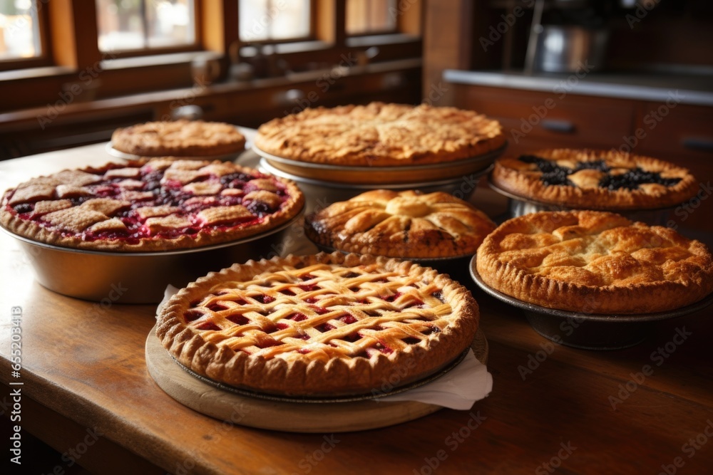 an assortment of freshly baked pies on a kitchen counter an assortment of freshly baked pies on a kitchen counter