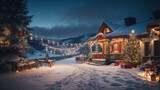 Snowy landscape with vibrant Christmas lights and decorations, highlighting the magic of the season - generative ai