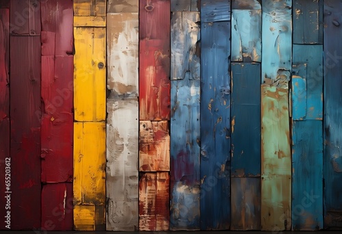 an old wooden fence in various colors painted over