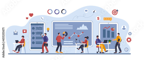 Office employees. Marketing process. Digital app team. Education system. Data social startup. Smartphone screen. Statistic infographics. Workers teamwork. Vector illustration banner