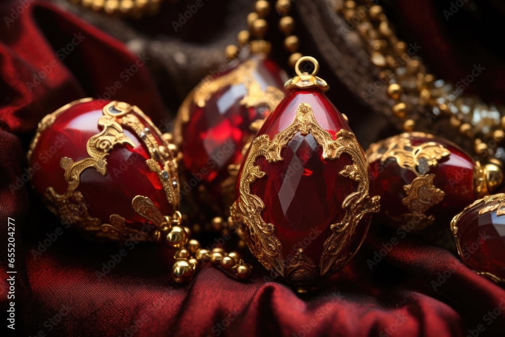 close-up view of red and gold baubles