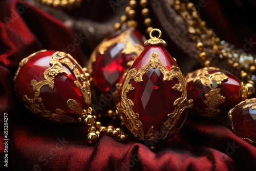 close-up view of red and gold baubles