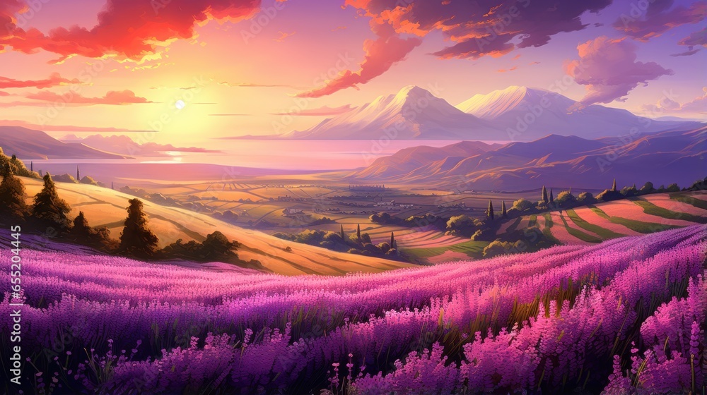 Sunrise Over the Lavender Fields, Purple Hues Blanketing the Rolling Hills Game Art Sunrise Over the Lavender Fields, Purple Hues Blanketing the Rolling Hills Game Art
