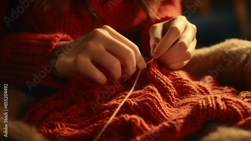 Close-up of hands knitting, Generative AI.