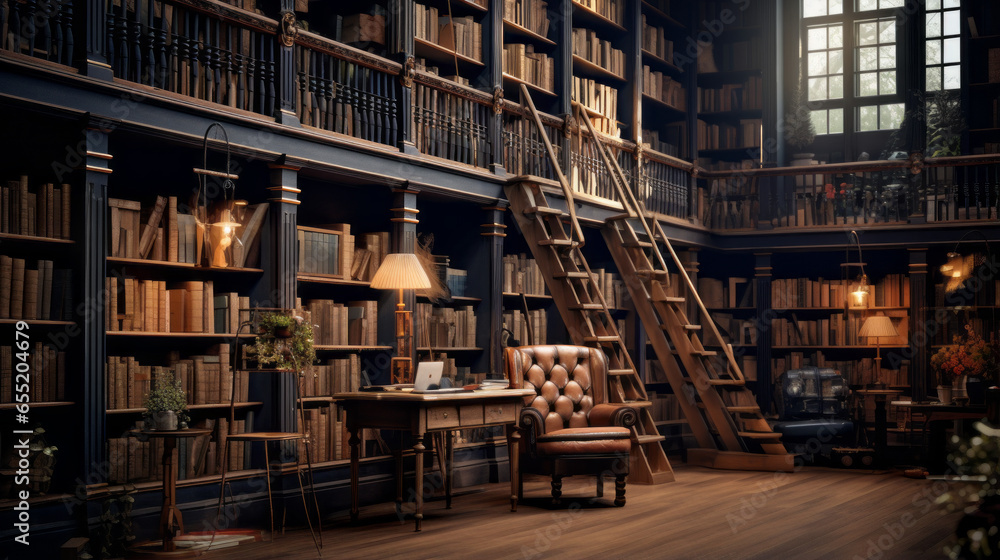 A library with floor-to-ceiling bookshelves, a ladder, and a cozy reading corner