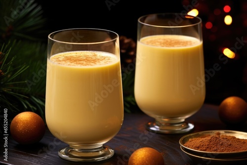 homemade eggnog in tall glasses beside nutmeg