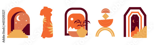 Boho portals. Arch frame. Doodle geometric shape. Plant branches in vase. Sky with sun or crescent. Female body. Orange dress. Silhouette window or ladder. Vector Bohemian elements set
