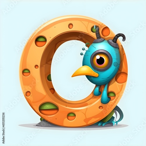 orange alphabet letter O with cartoon character for kids