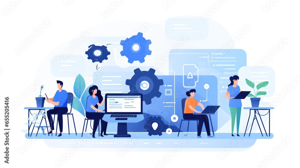 Scene depicting a team of developers working on mobile app development, coding for iOS or Android platforms Scene depicting a team of developers working on mobile app development, coding for iOS or Android platforms