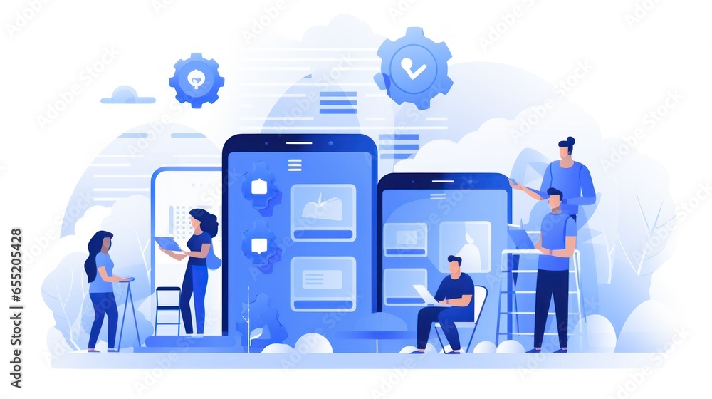 Scene depicting a team of developers working on mobile app development, coding for iOS or Android platforms - obrazy, fototapety, plakaty 