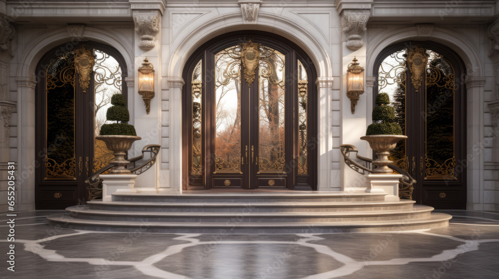 Double doors opening to a mansion. Grand mahogany doors with brass knockers, set under a marbled portico.