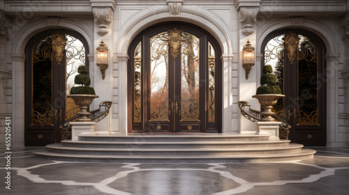 Double doors opening to a mansion. Grand mahogany doors with brass knockers, set under a marbled portico.