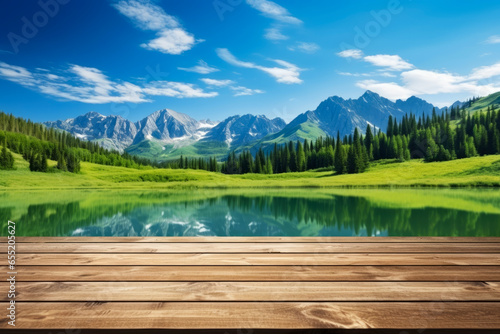 Close up of empty wood table in background of landscape mountain and blue sky. Lifestyle concept for breaks and holidays.