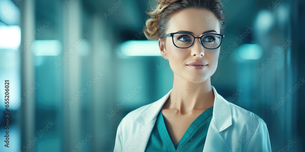 Happy female medic portrait on background of medical clinic with copy space. Medical nurse or scientific laboratory worker in uniform and glasses. Happy female medic portrait on background of medical clinic with copy space. Medical nurse or scientific laboratory worker in uniform and glasses.