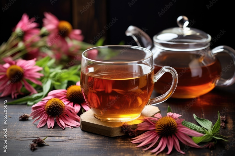 echinacea tea brewing in a clear teapot, fresh echinacea flowers nearby - obrazy, fototapety, plakaty 
