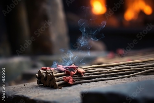 incense stick burning near a row of stones
