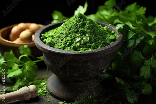 a close-up of a mortar with freshly ground cilantro, lime slices on the side