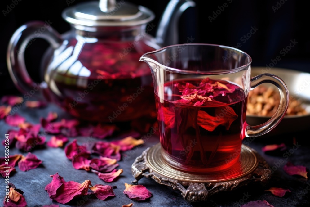 close-up shot of hibiscus tea in a glass teapot, with loose hibiscus petals nearby close-up shot of hibiscus tea in a glass teapot, with loose hibiscus petals nearby