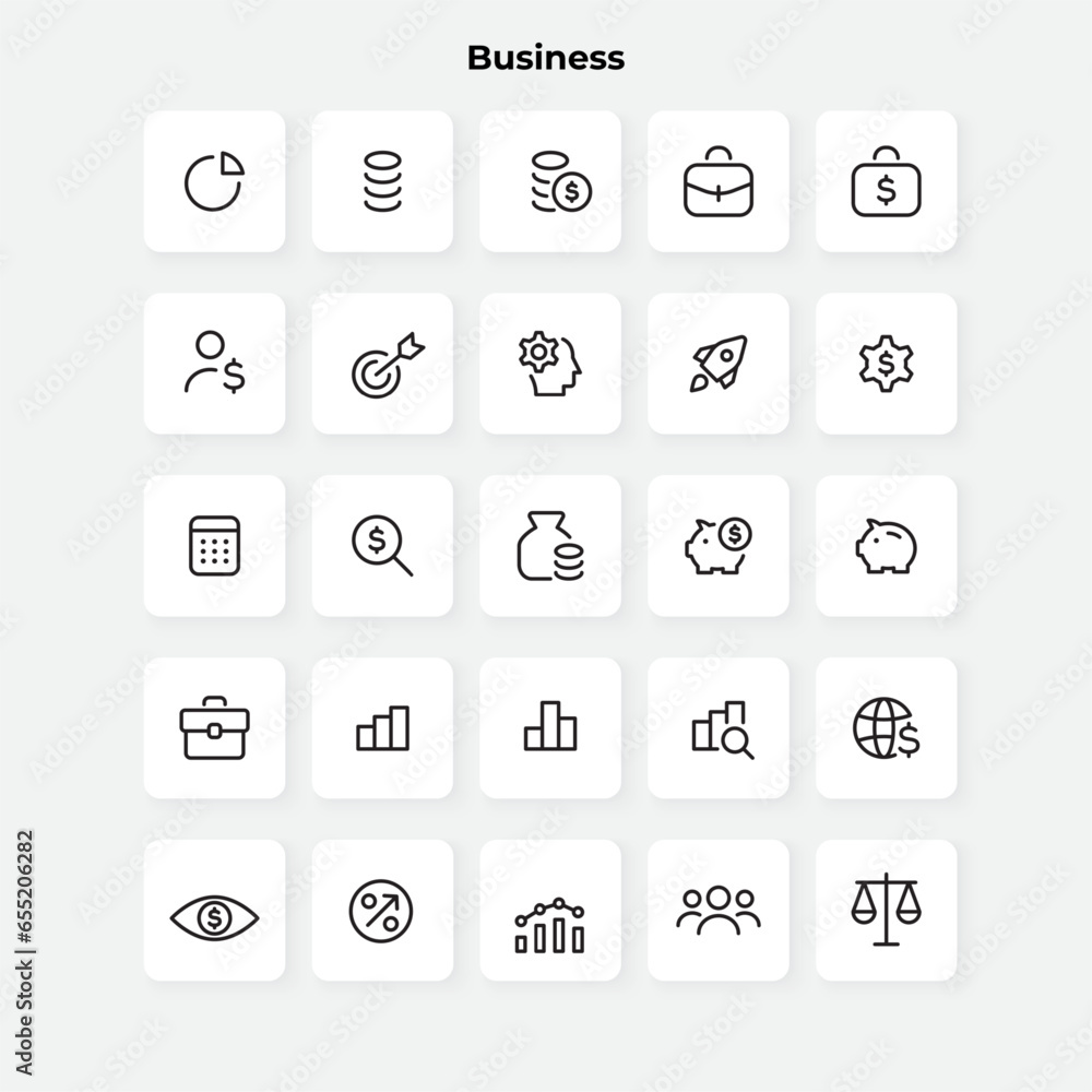 Outline vector business icons set. Briefcase, rocket, piggy bank and other elements Outline vector business icons set. Briefcase, rocket, piggy bank and other elements